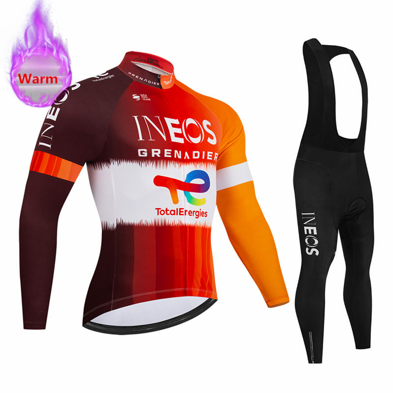 Cycling Gear Outfit - Ineos Team Winter Langarm-Thermo-Fleece-Radtrikot-Set mit Trägerhose